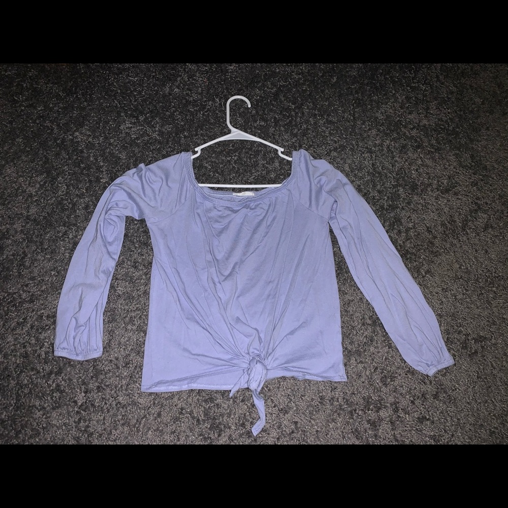 pastel blue off the shoulder tie front top